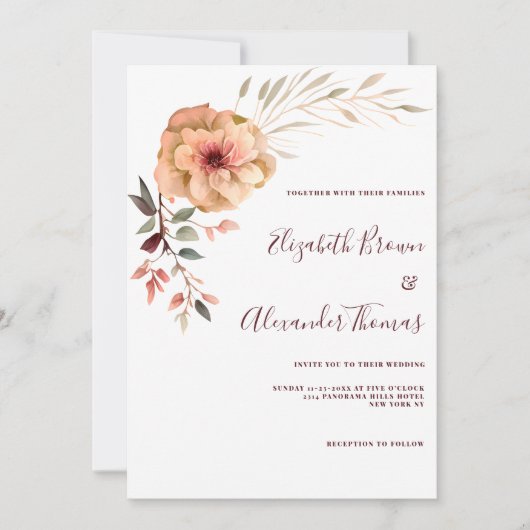 水彩アイボリーピンクバーガンディーミントフローラ結婚ズ 招待状 (正面)