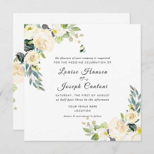 水彩アイボリーフラワーズブルーガムユーカリプタス 招待状 (正面/裏面)