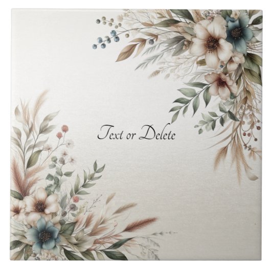 水彩アイボリーブルーフラワーズセラミックタイル タイル (正面)