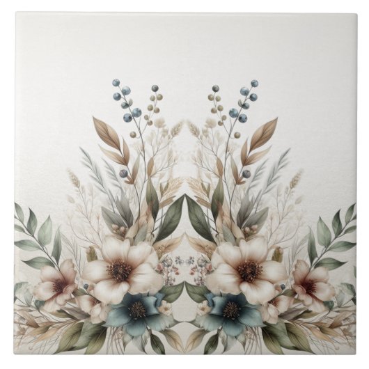 水彩アイボリーブルーフラワーズセラミックタイル タイル (正面)