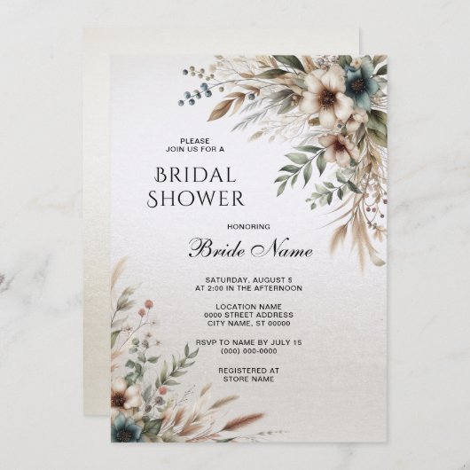 水彩アイボリーブルーフラワーズブライダルシャワー 招待状 (正面/裏面)