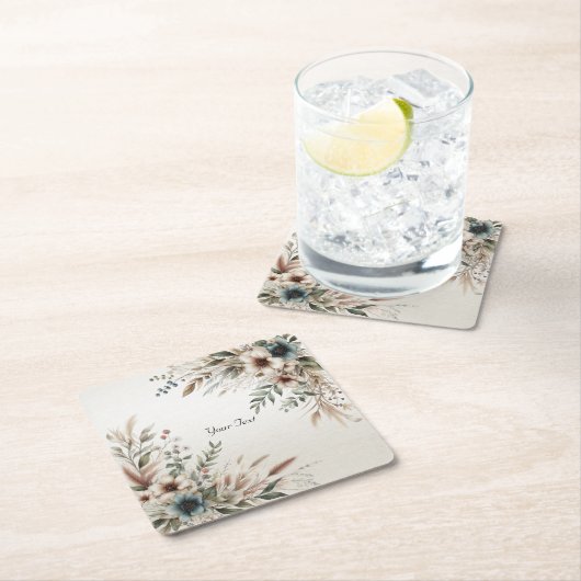 水彩アイボリーブルーフラワーズ紙コースター スクエアペーパーコースター (インサイチュ)