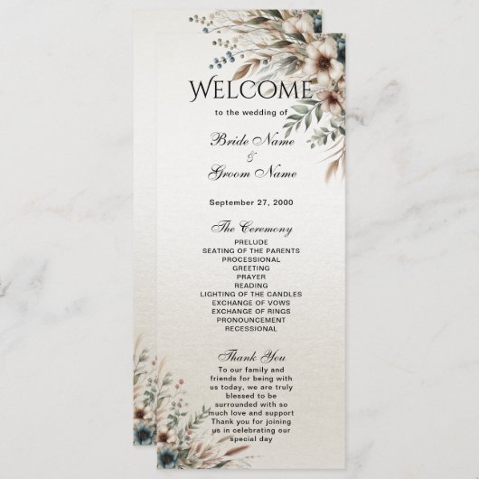水彩アイボリーブルーフラワーズ結婚式 プログラム (正面/裏面)