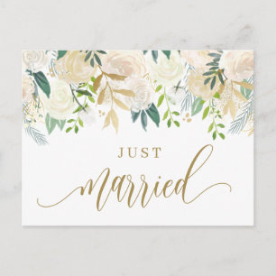 水彩アイボリー牡丹とバラたった今結婚しました 案内ポストカード