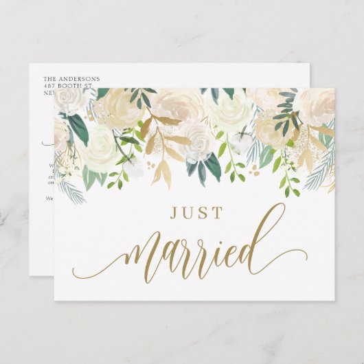 水彩アイボリー牡丹とバラたった今結婚しました 案内ポストカード (正面/裏面)