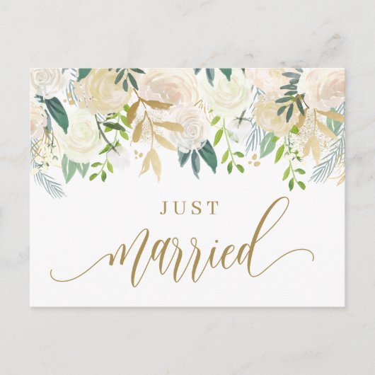 水彩アイボリー牡丹とバラたった今結婚しました 案内ポストカード (正面)