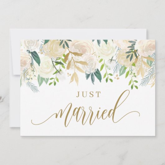 水彩アイボリー牡丹とバラたった今結婚しました 案内状 (正面)