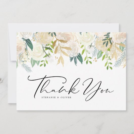 水彩アイボリー牡丹とバラフローラ結婚ズ サンキューカード (正面)