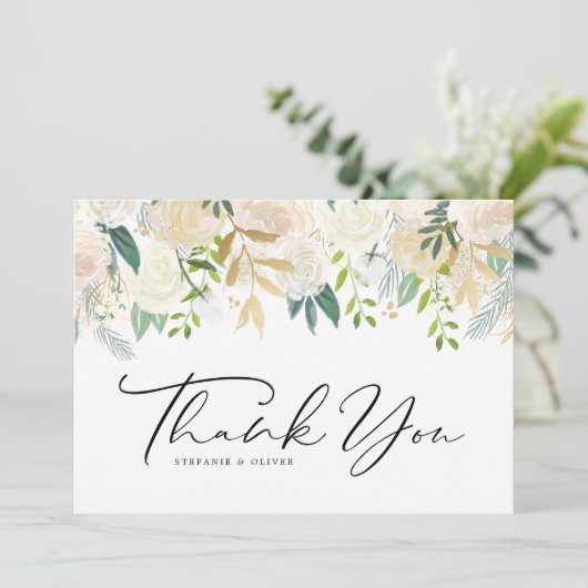 水彩アイボリー牡丹とバラフローラ結婚ズ サンキューカード (スタンド正面)