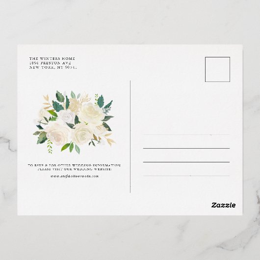 水彩アイボリー牡丹とバラフローラ結婚ズ 箔招待状ポストカード (裏面)