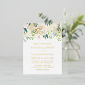 水彩アイボリー牡丹とバラフローラ結婚ズ 箔招待状ポストカード (立ち正面)