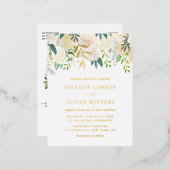 水彩アイボリー牡丹とバラフローラ結婚ズ 箔招待状ポストカード (正面/裏面)
