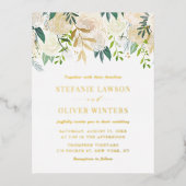 水彩アイボリー牡丹とバラフローラ結婚ズ 箔招待状ポストカード (正面)