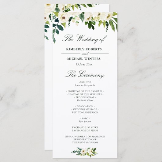 水彩アイボリー白フローラ結婚式プログラム プログラム (正面/裏面)