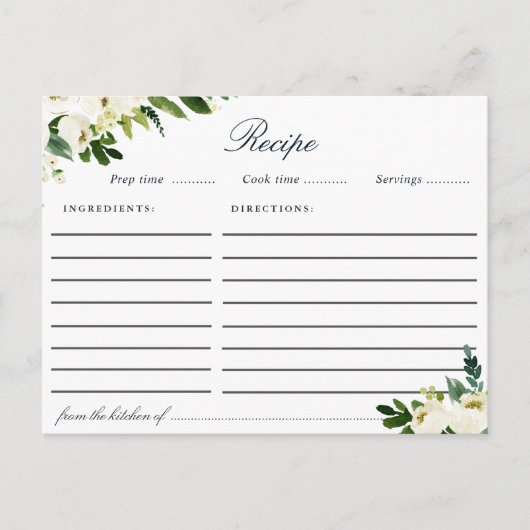 水彩アイボリー白色フローラレシピカード ポストカード (正面)