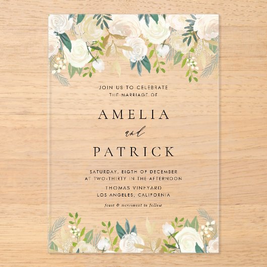 水彩アイボリー花と緑結婚色 アクリル招待状 (正面)