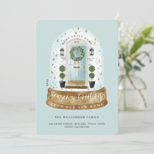 水彩アクアドアスノーグローブ新しいホームフォト シーズンカード (スタンド正面)