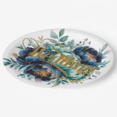 水彩アクアネイビーブルーピーニーフローラ結婚ズ ペーパープレート (アングル)