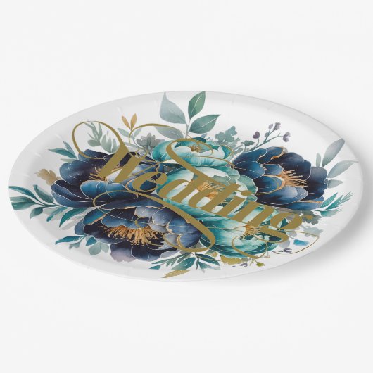 水彩アクアネイビーブルーピーニーフローラ結婚ズ ペーパープレート