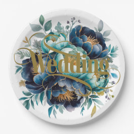 水彩アクアネイビーブルーピーニーフローラ結婚ズ ペーパープレート