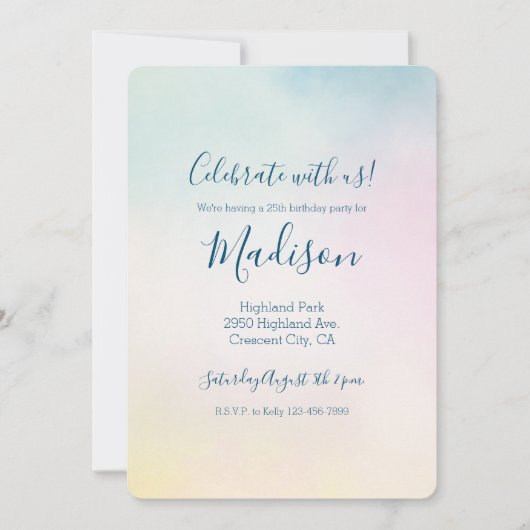 水彩アクアピンクイエロー絞り染めグラデーション 招待状 (正面)