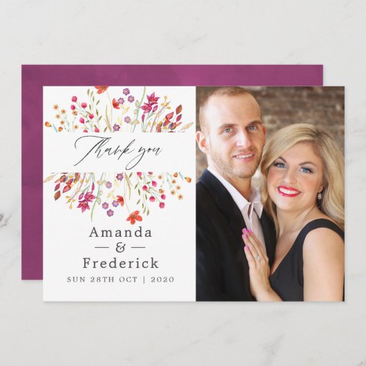 水彩アクアレルワイルドフラワー結婚ズ サンキューカード (正面/裏面)