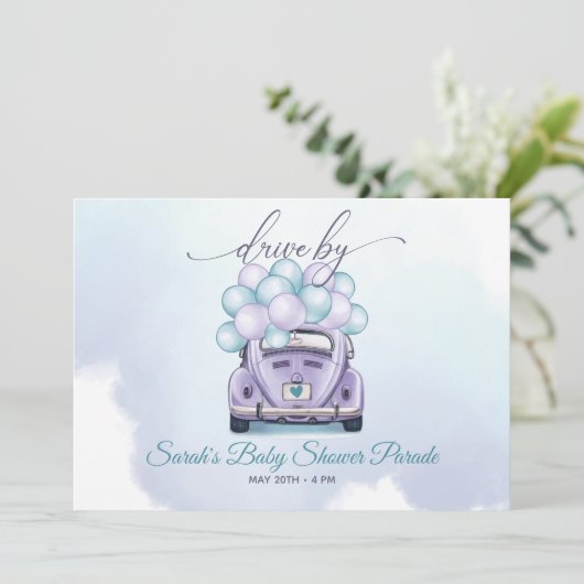 水彩アクア薄紫サプライズドライブバイベビーシャワー 招待状 (スタンド正面)