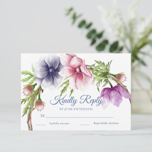 水彩アネモネフラワーウェディングRSVPカード 招待状 (スタンド正面)