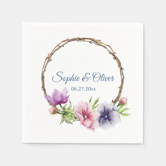 水彩アネモネ結婚フラワー スタンダードカクテルナプキン (正面)