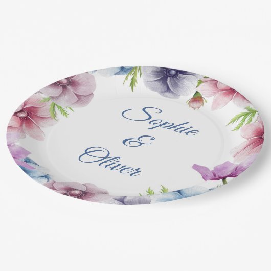 水彩アネモネ結婚フラワー ペーパープレート (アングル)