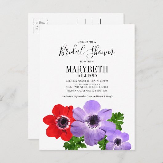 水彩アネモンフローラブライダルシャワーカード インビテーションポストカード (正面/裏面)