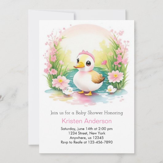 水彩アヒルかわいいピンクの女の子の赤ちゃんシャワー 招待状 (正面)
