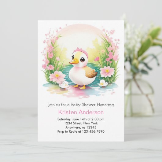 水彩アヒルかわいいピンクの女の子の赤ちゃんシャワー 招待状 (スタンド正面)