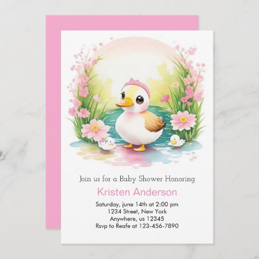 水彩アヒルかわいいピンクの女の子の赤ちゃんシャワー 招待状 (正面/裏面)
