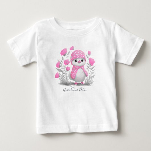 水彩アヒルピンク花赤ちゃんTシャツ ベビーTシャツ (正面)