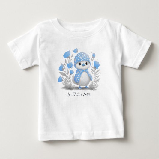 水彩アヒルブルー花柄ベビーTシャツ ベビーTシャツ (正面)