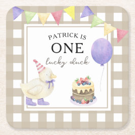 水彩アヒル1歳の誕生日 スクエアペーパーコースター