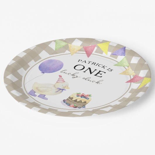 水彩アヒル1歳の誕生日 ペーパープレート (アングル)