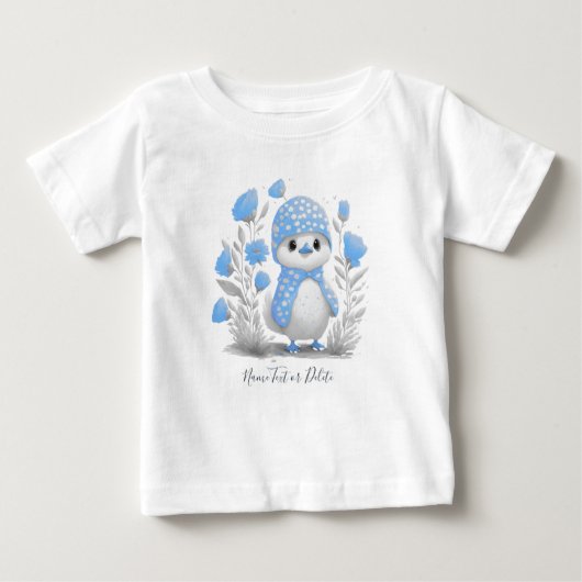 水彩アヒル ブルー 花柄 ベビーTシャツ (正面)