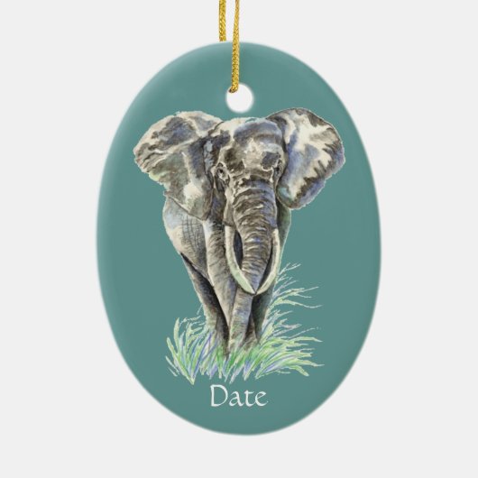 水彩アフリカゾウ動物自然アート セラミックオーナメント (裏面)