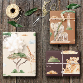 水彩アフリカママとベビー動物のパターン ラッピングペーパーシート