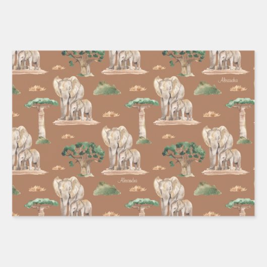 水彩アフリカママとベビー動物のパターン ラッピングペーパーシート (正面2)