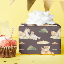 水彩アフリカモンミーとベビーライオンとチーター ラッピングペーパー