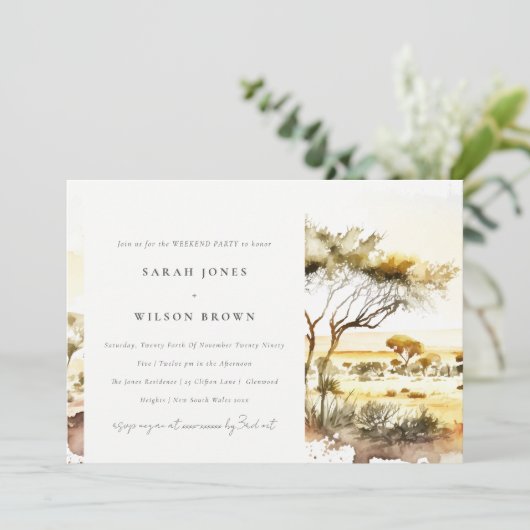 水彩アフリカ風景の週末ディナーパーティー 招待状 (スタンド正面)