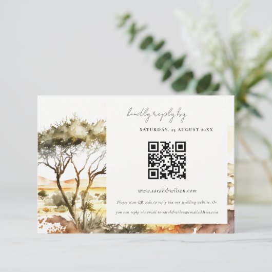 水彩アフリカ風景結婚式RSVP QRコード エンクロージャーカード (スタンド正面)
