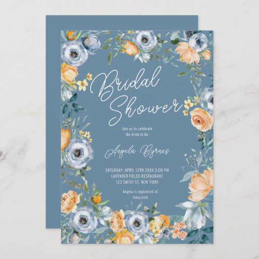 水彩アプリコットパステルブルーワイルドフラワーズ 招待状 (正面/裏面)