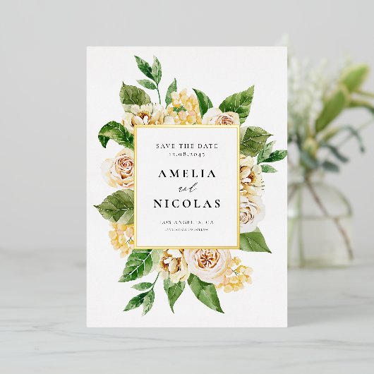 水彩アプリコット英語バラ日付を保存 箔招待状 (立ち正面)
