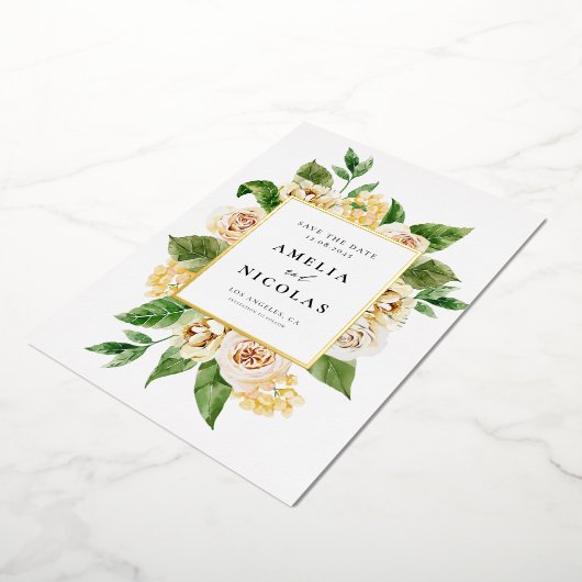 水彩アプリコット英語バラ日付を保存 箔招待状 (回転した状態)