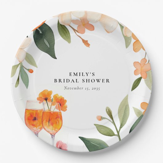 水彩アペロールスプリッツの花嫁シャワー ペーパープレート (正面)