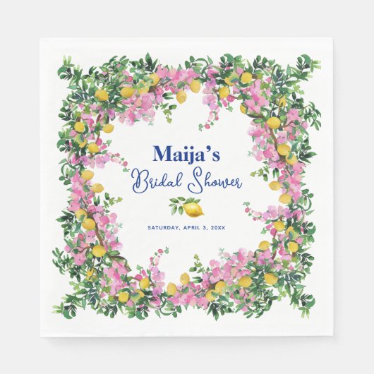 水彩アマルフィーコースト ピンクレモン ウェディングシャワー スタンダードランチョンナプキン (正面)